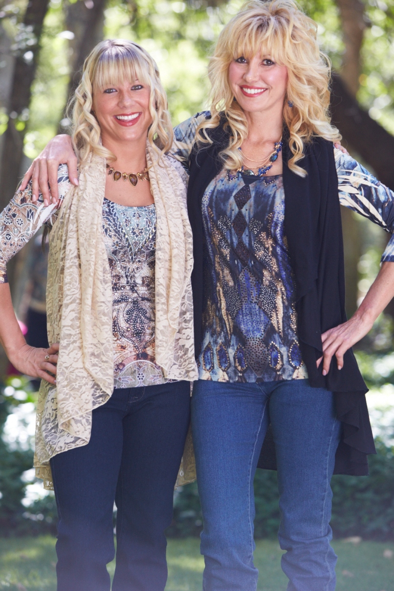 Allie Ollie models wearing shawl dawls, three quarter length sleeve tees, and danielle jeans