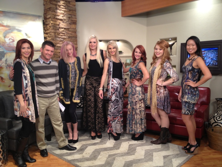 Allie Ollie with models at KASA Channel 2 New mexico style with anchor Chad