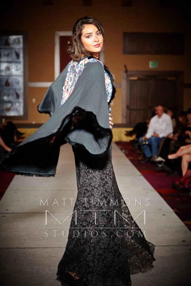 Model spinning Allie Ollie custom cape at Santa Fe Fashion Week