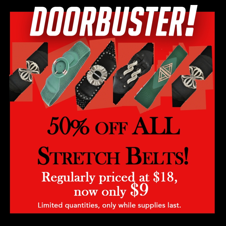DOORBUSTER-half off all stretch belts only at Allie Ollie