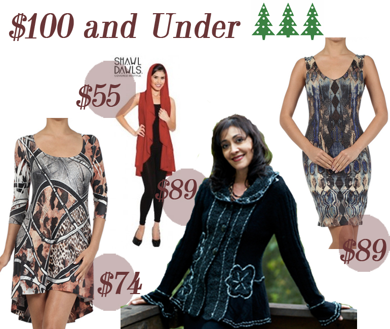 $100 and Under Holiday Gift Guide from Allie Ollie including high low tunic, shawl dawl, steam punk sweater, night sky hot little number
