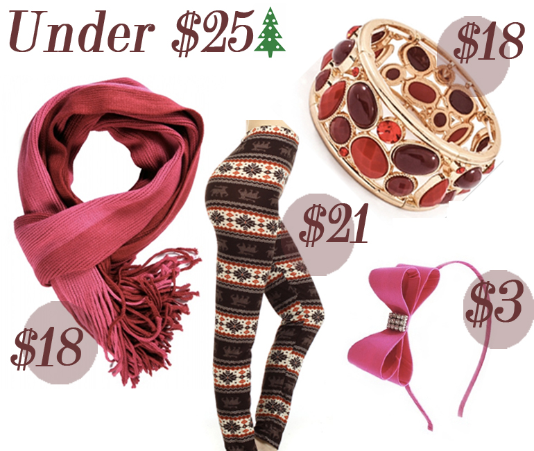 Under $25 Holiday Gift Guide from Allie Ollie including scarf, leggings, bracelet, headband