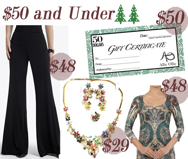 Under $50 Holiday Gift Guide from Allie Ollie Palazzo Pant, Jewelry Set, Emerald Elegance Three Quarter Length Sleeve Tee, and $50 Gift Certificate